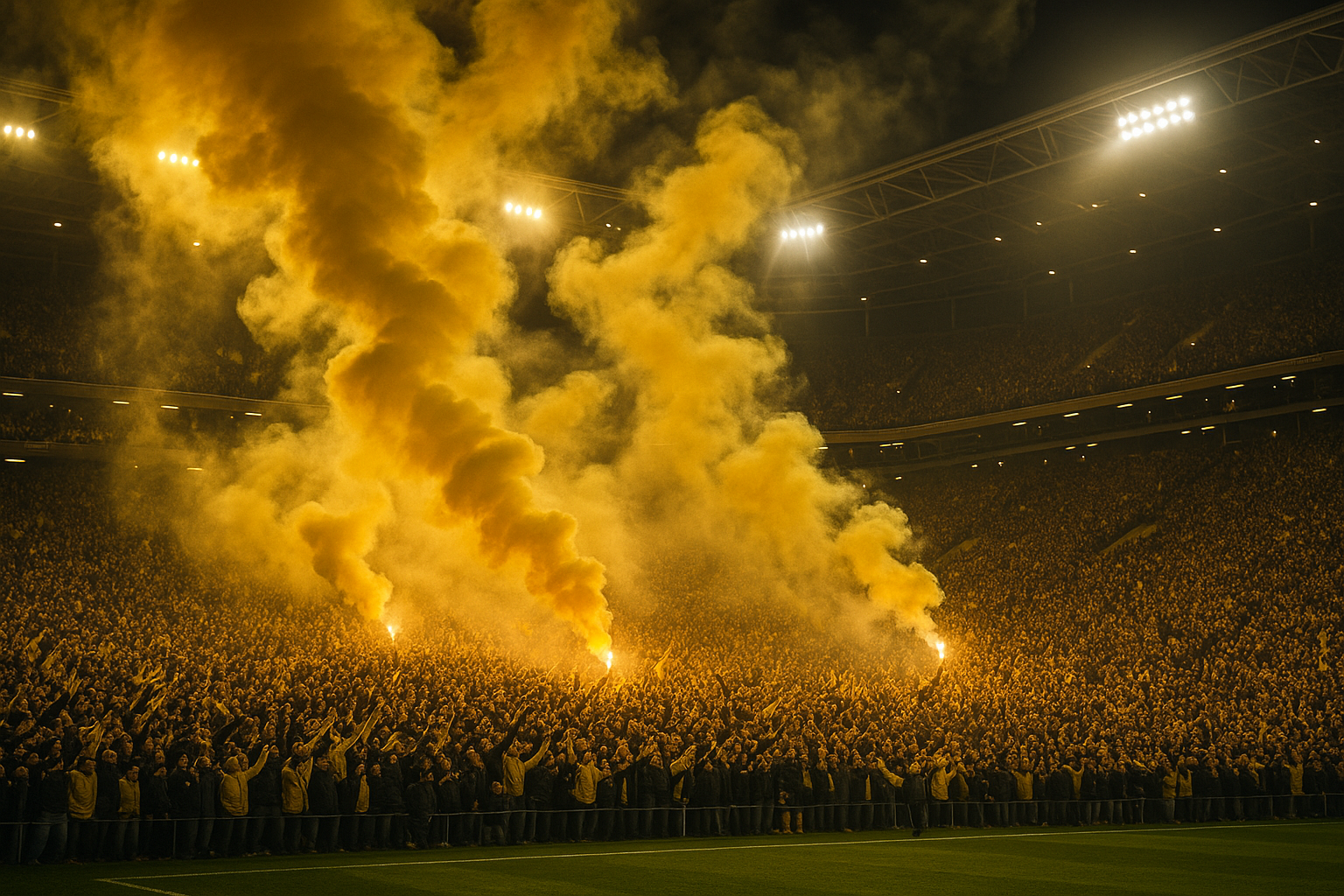 bild aus einem fussball stadion mit gelbem rauch durch pyros in der luft
