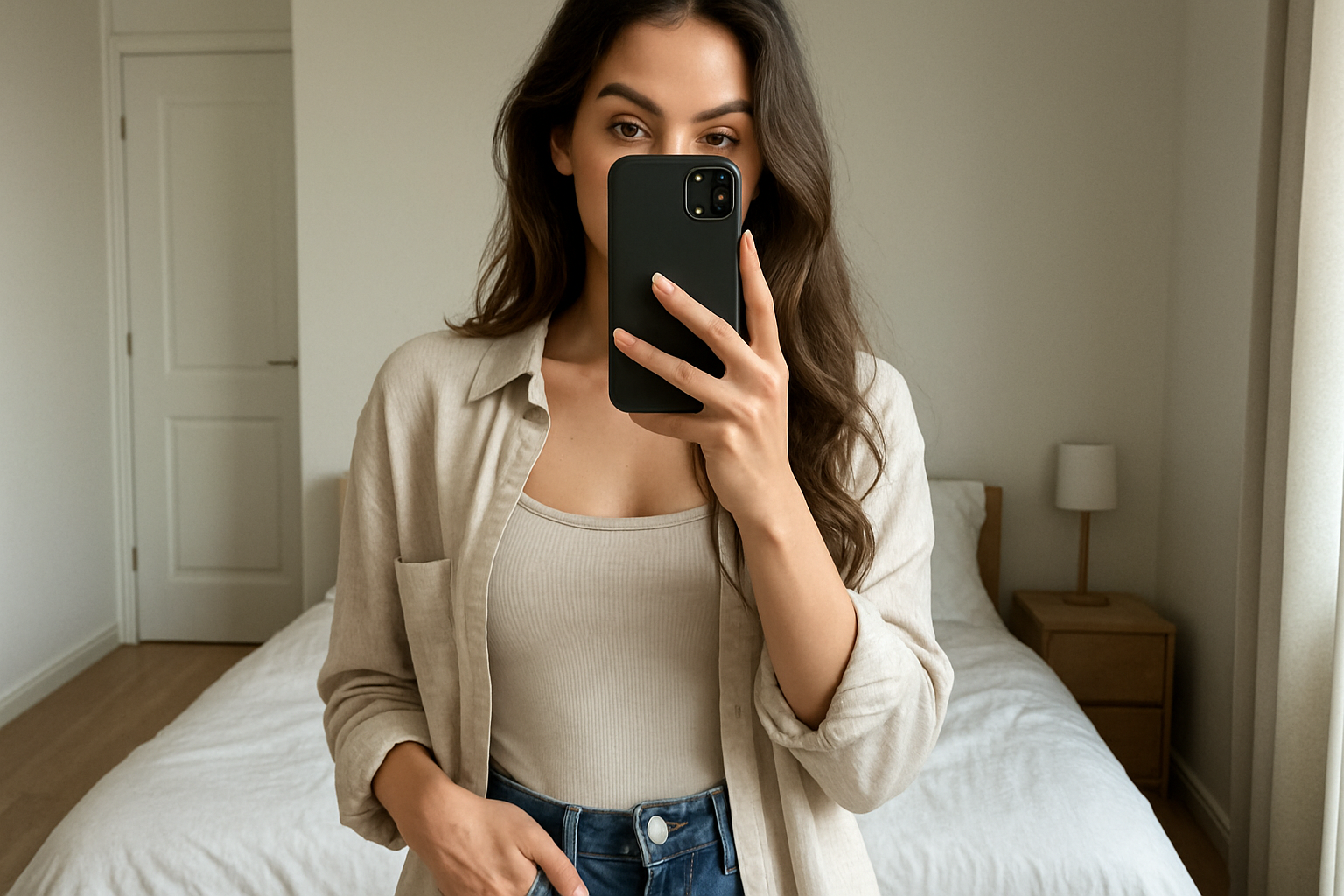 erstelle spiegel bild von einer jungen attraktiven frau sodass das handy vor dem gesicht von ihr ist im spiegel