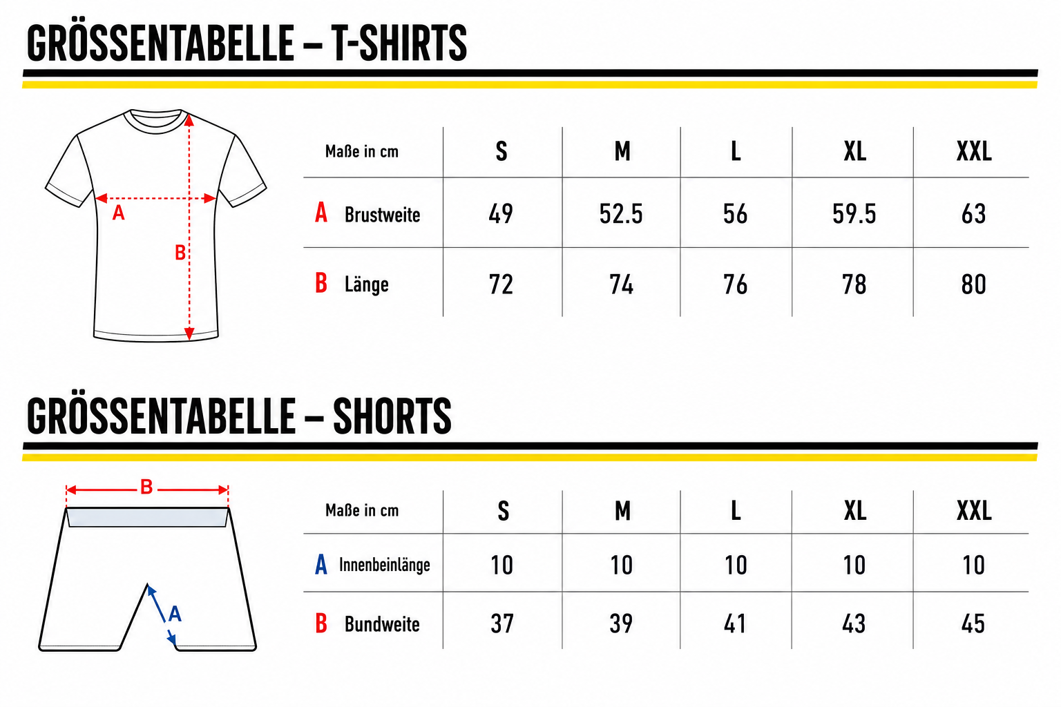 Dortmund 1909 Sommerset - Größentabelle für T-Shirt und Shorts
