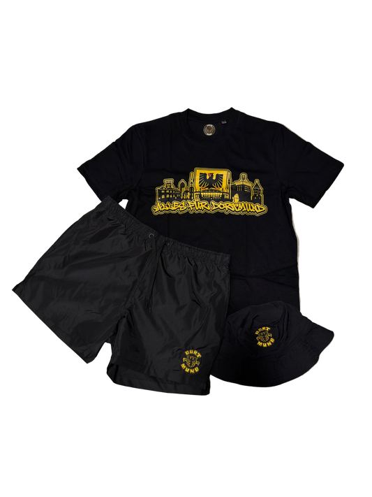 Dortmund 1909 Sommerset mit T-Shirt, Sportshorts und Fischerhut, komplette Dortmund Klamotten Kollektion
